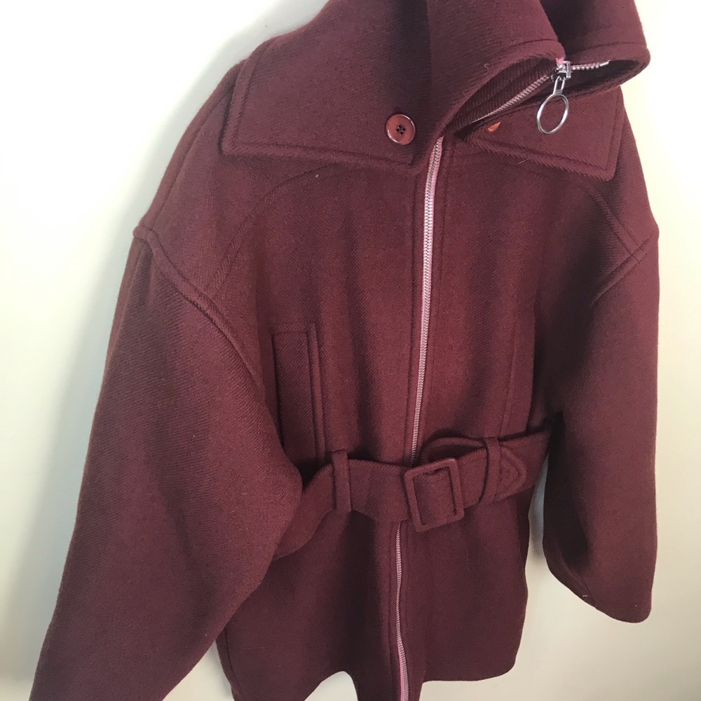 CARVEN France Oversized Wool Coat Jacket Belt Zip Front Hood Collar Pockets Rare - Picture 11 of 16